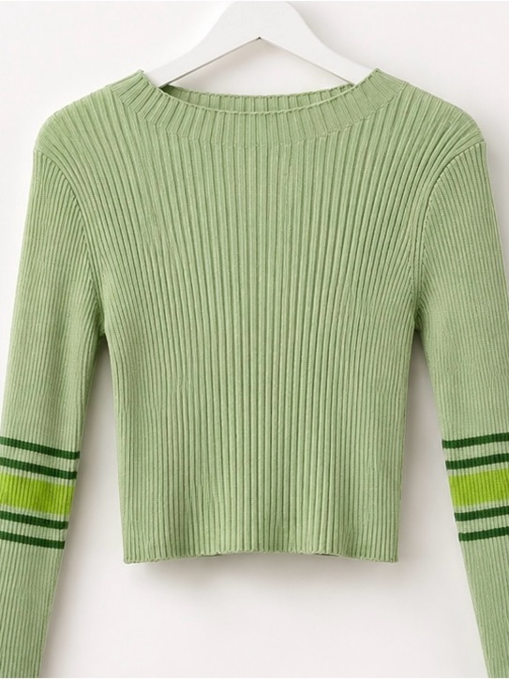Women's Light Green Ribbed Crewneck Sweater with Stripe Detail